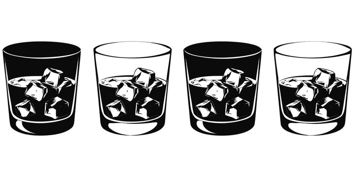 Minimalist vector line art, two tumblers in a row with ice and dark liquid,  sharp shading, and solid fills on white background.