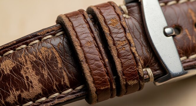 A scratched leather strap of a vintage watch, a macro shot representing the wear and tear of history