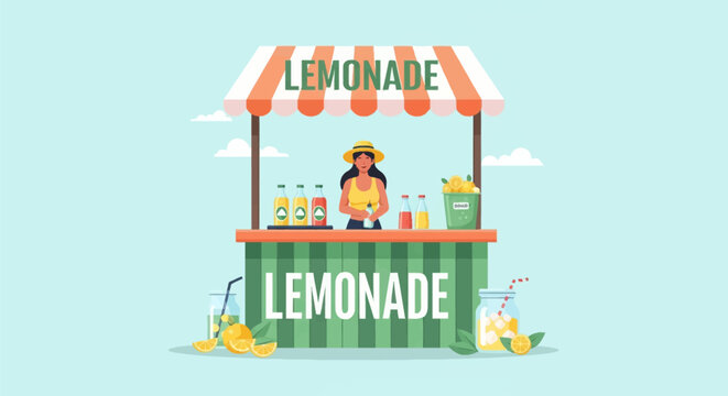 Vector illustration of a woman standing at a lemonade stand with a green striped base, orange striped awning, chilled glass bottles, citrus fruit, and refreshing mason jar drinks.