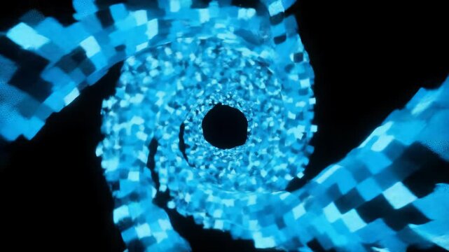 A mesmerizing, abstract digital animation of a complex spiral vortex, glowing electric blue and cyan square pixels, continuously spinning and pulsing, against a deep black void. High-tech digital