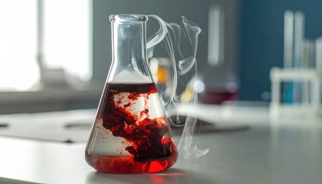 Dark Reddish Brown Elemental Bromine Liquid Reacting in a Laboratory Glass Flask Emitting Vapor