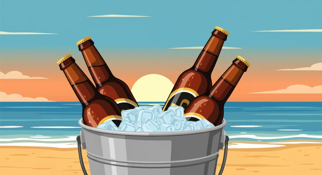 Illustration of four brown beer bottles chilled in a silver metal ice bucket on a sandy beach with the ocean and a yellow sun setting over the horizon in the background.