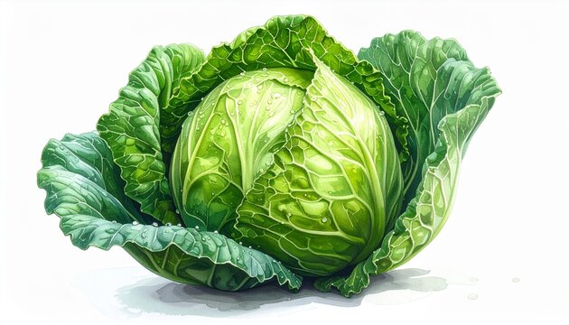 Crisp and fresh vibrant green cabbage head, showcasing intricate leaf texture under soft lighting, perfectly isolated on a pristine white background, embodying healthy eating