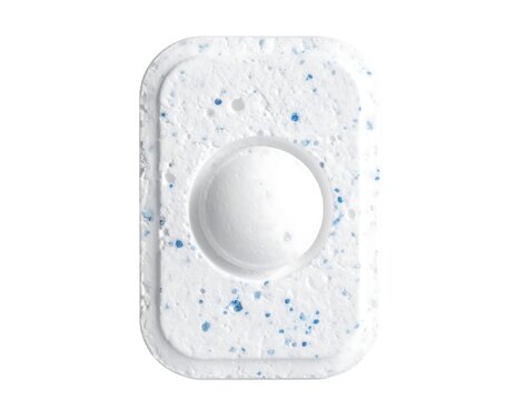 Rectangular white tablet with a circular indentation in the center and speckles. Rounded corners and a textured surface