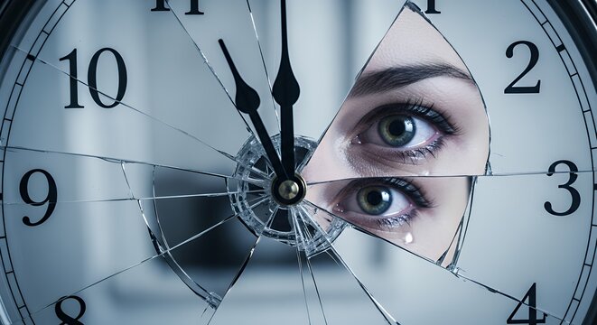 A vulnerable expression of a woman�s eyes reflected in a broken clock lens