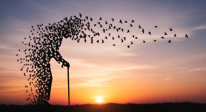 An elderly figure's silhouette dissolving into a swarm of birds, representing acceptance of life's moments