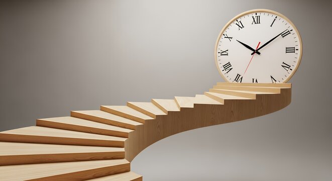 A minimalist staircase that turns into a clock face at the top, representing a life journey