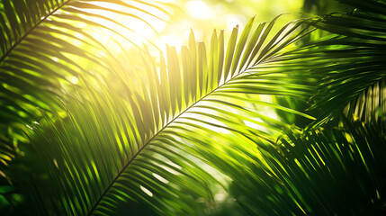 Obraz premium Vibrant green palm leaves illuminated by sunlight, creating a peaceful, tropical ambiance in nature.