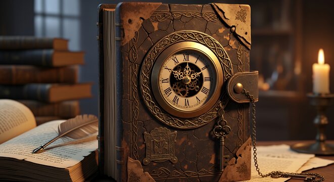 A weathered book with a clock embedded in the cover, representing life story and narrative