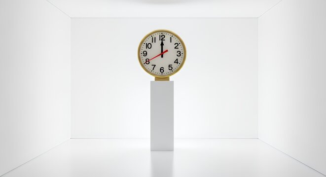 A stark white room with a single, loud-ticking clock on a pedestal