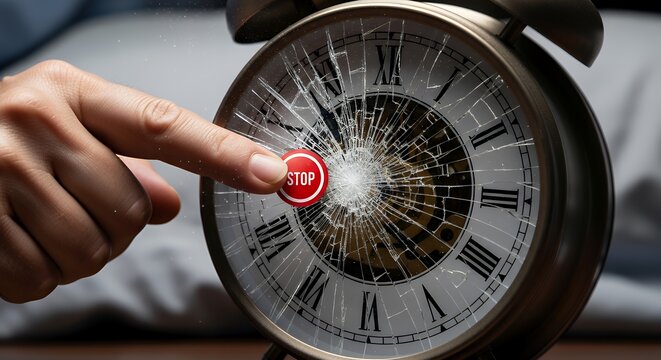 A hand pressing a "Stop" button on a clock that has already shattered