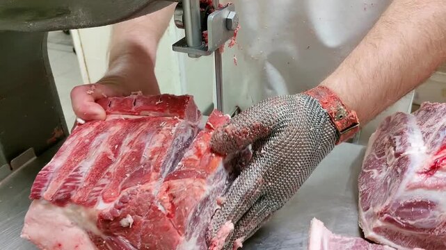 Male butcher in protective gloves cuts large meat block using a band saw in a clean, well-lit butcher shop with meat pieces on the table