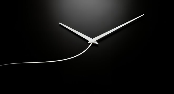 A clean, black surface with a single white line that curves into a clock hand, representing motion and stillness