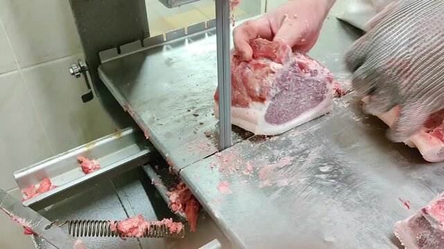 Caucasian male butcher wearing protective gloves slices pork meat on a stainless steel cutting table, with visible meat scraps and equipment in a commercial kitchen setting