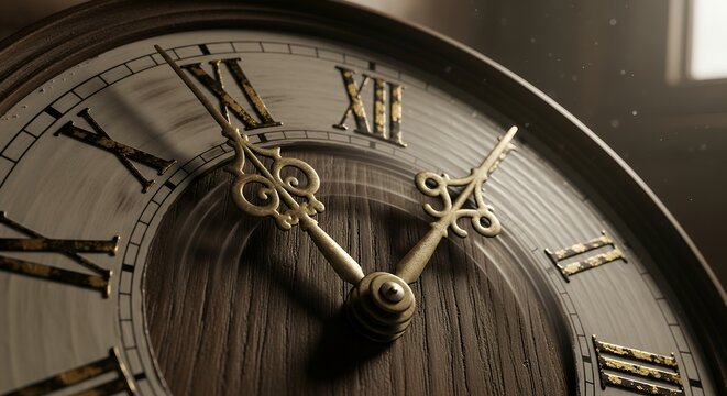 Close-up of a rustic clock face where the hands are spinning backward, representing a desperate wish to return to the past