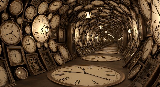 A tunnel made entirely of ancient clocks, creating a surreal sense of being trapped in a ticking nightmare of anxiety and pressure