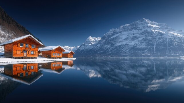 Snowy chalet reflections on a still lake