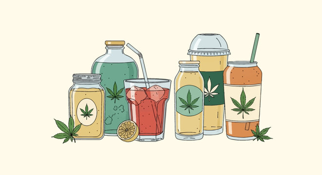 Vector illustration of various cannabis-infused beverages including juice bottles, a mason jar, a red iced drink with lemon, and a soda can, all featuring marijuana leaf labels.