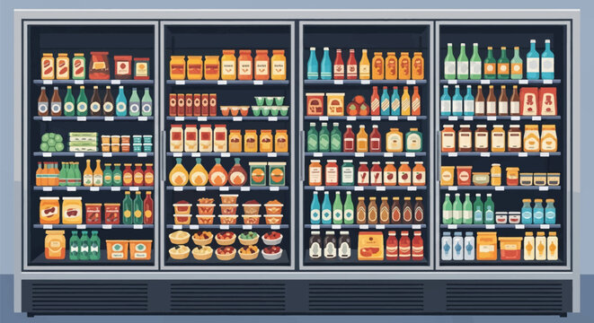 Large four door commercial refrigerator display case in a grocery store stocked with organized jars bottles and food containers in flat vector illustration style.