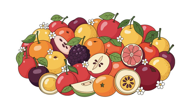 A colorful illustration of a fruit pile with various types of fruits