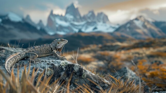 Lizard on rocky outcrop mountainscape