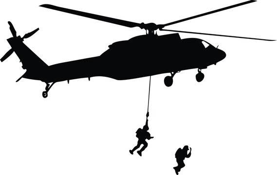 Military helicopter silhouette with paratroopers rappelling down during tactical rescue operation.