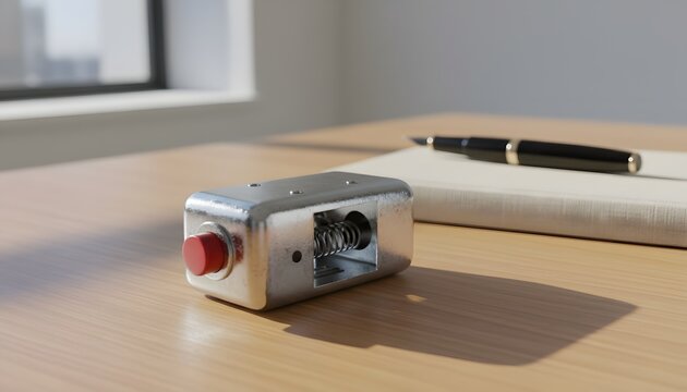 Vintage metal joy buzzer prank device sitting on a wooden office desk next to a notebook for an April Fools' Day humor and practical joke concept with cinematic lighting