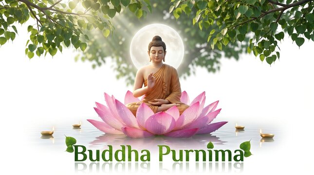 Buddha Purnima Celebration with Meditating Gautama Buddha, Spiritual Enlightenment, Lotus, Golden Aura, Isolated on White Background.