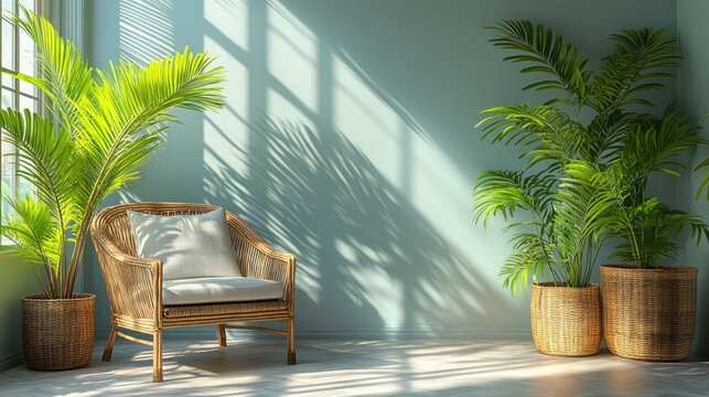 Sunny, light-filled room with wicker chair and palm trees