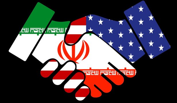 Handshake between US and Iran concept of peace talks and making deal done. Gulf war. Middle East geopolitical tensions between US israel Iran. Negotiations looms. Peace talks ceasefire talks.