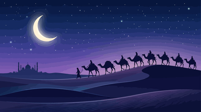 Celestial Desert Journey A Caravan's Nighttime Trek Beneath a Glowing Crescent Moon Symbolizing Travel Faith and Spiritual Quests in Divine Serenity Reflecting a Tranquil Arabian Narrative
