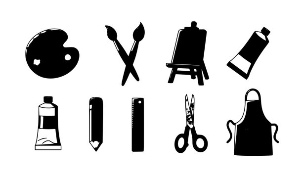 Cute art and craft supplies cartoon icon set palette brushes easel tools vector isolated on white background