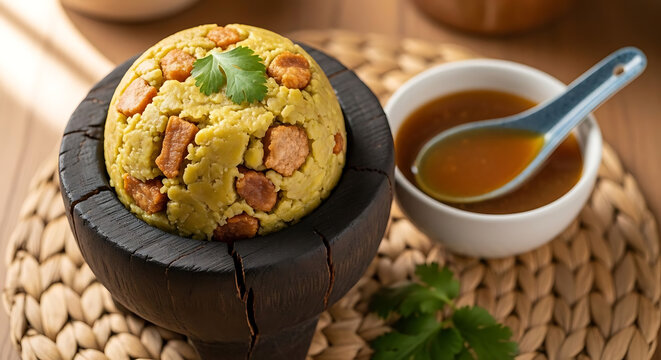 Mofongo dish showcases mashed fried plantains with garlic and pork cracklings served in a wooden pil&oacute;n bowl.