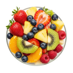 Obraz premium Fresh fruit salad bowl with strawberries, blueberries, kiwi slices, pineapple chunks and raspberries isolated on white background