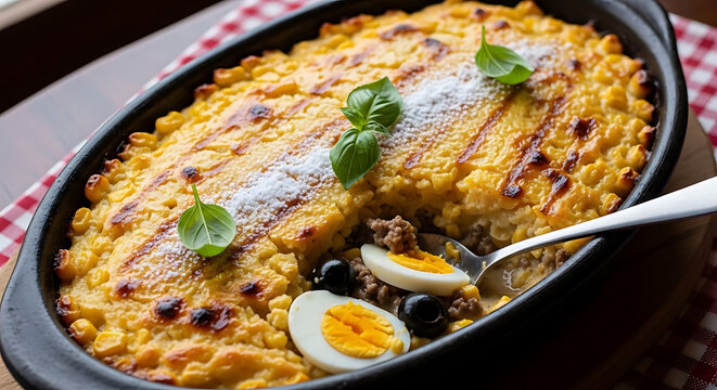 Pastel de choclo is served in a rustic baking dish with boiled eggs and olives prepared for a traditional lunch.