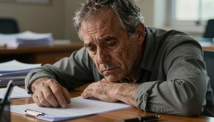 Fototapeta premium Mature businessman reviewing documents at office desk with focused expression
