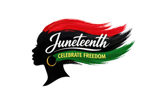 Juneteenth Celebrate Freedom, African American woman silhouette, vibrant red, black, green hair, cultural celebration graphic isolated PNG with Transparent Background