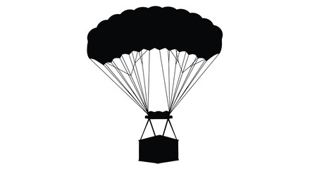 A black silhouette of a parachute with a gondola descending © Siam Studio