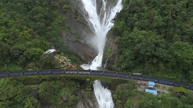 Aerial View of Dudhsagar Waterfall with Train Crossing Bridge in Goa India