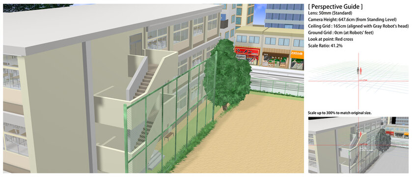 学校の景色：運動場・中庭から見た各種アングル
[背景画のパースガイドとして以下の情報が素材に記載しています。拡大コピペしてお使いください]
Look at Point (注視点)   （赤の十字）
レンズ高（接地足元基準）（白の水平線）
レンズ: 50mm (標準)
灰色ロボの頭　＝165cm＝天井グリッド	（緑）
ロボ二体の足裏＝  0cm＝地面グリッド	（青）
縮尺：41.2%
