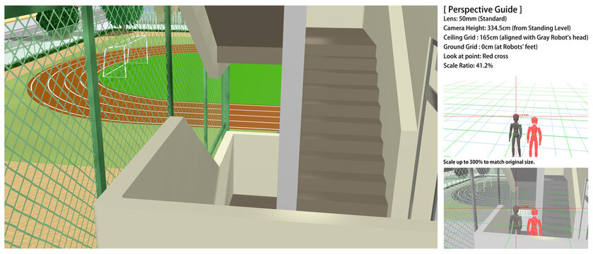 学校の景色：運動場・中庭から見た各種アングル
[背景画のパースガイドとして以下の情報が素材に記載しています。拡大コピペしてお使いください]
Look at Point (注視点)   （赤の十字）
レンズ高（接地足元基準）（白の水平線）
レンズ: 50mm (標準)
灰色ロボの頭　＝165cm＝天井グリッド	（緑）
ロボ二体の足裏＝  0cm＝地面グリッド	（青）
縮尺：41.2%