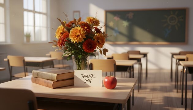 Teacher's Day appreciation concept in a bright classroom interior with a colorful bouquet of flowers, red apple, stack of books, and a thank you note on a wooden desk