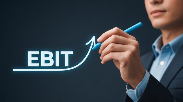 Professional hand drawing a glowing upward trend line for EBIT on a dark background symbolizing business success and financial growth