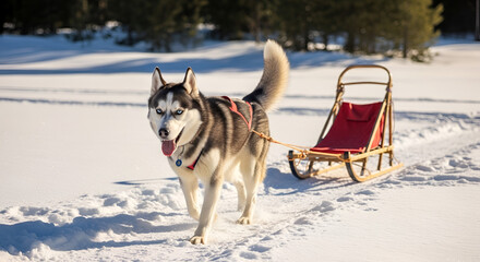Energetic husky dog pulling red sled in snowy winter landscape with bright sunlight casting long shadows on the snow-covered ground