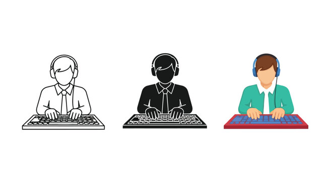 This vector illustration features a person wearing headphones diligently typing on a computer keyboard, representing customer service, data entry, or online gaming support roles.