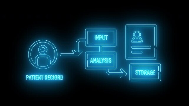 Neon-lit flowchart illustrating patient record analysis and storage with glowing blue lines on a black background.