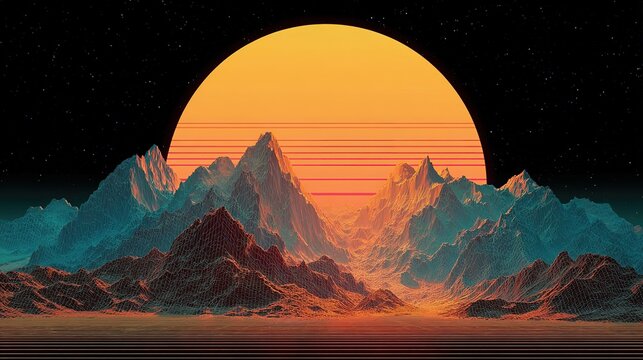 Retro futuristic sci-fi background with aesthetic vaporwave landscape, majestic mountains silhouetted against vibrant sunset sky merging into deep cosmic space