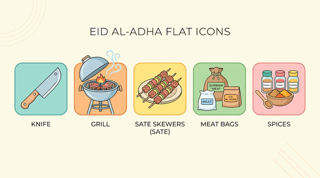 Eid Al-Adha flat icons set for celebrations featuring knife grill sate skewers meat bags and spices symbolizing traditional food preparation.