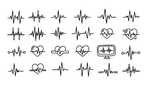 Pulse doodle icon set hand drawn heartbeat wave medical sketch vector collection