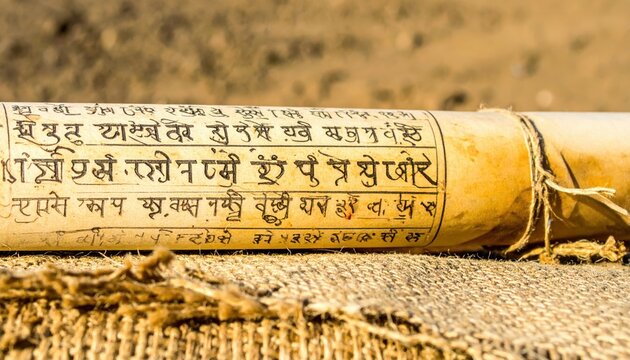 Detailed Close-up of an Ancient Sanskrit Palm Leaf Manuscript With Intricate Script